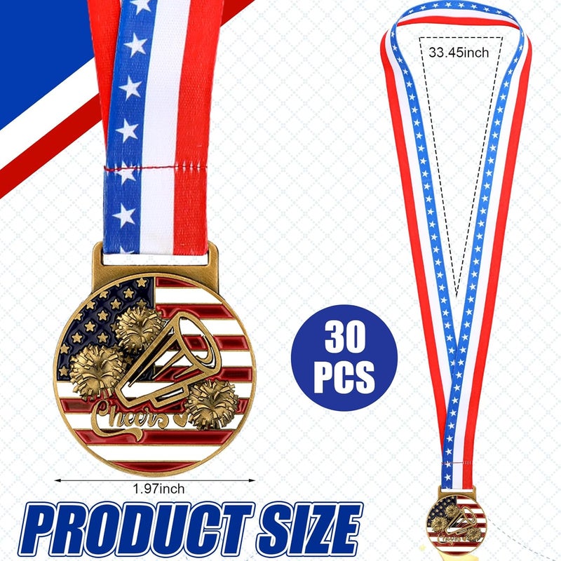 Loetere 30 Pieces Patriotic Medals Gold Medals Bulk Trophy with Neck Ribbons Spirit Medallion with Stars Stripes American Flag for Sports Trophy Participation Winner Gift - Image 2